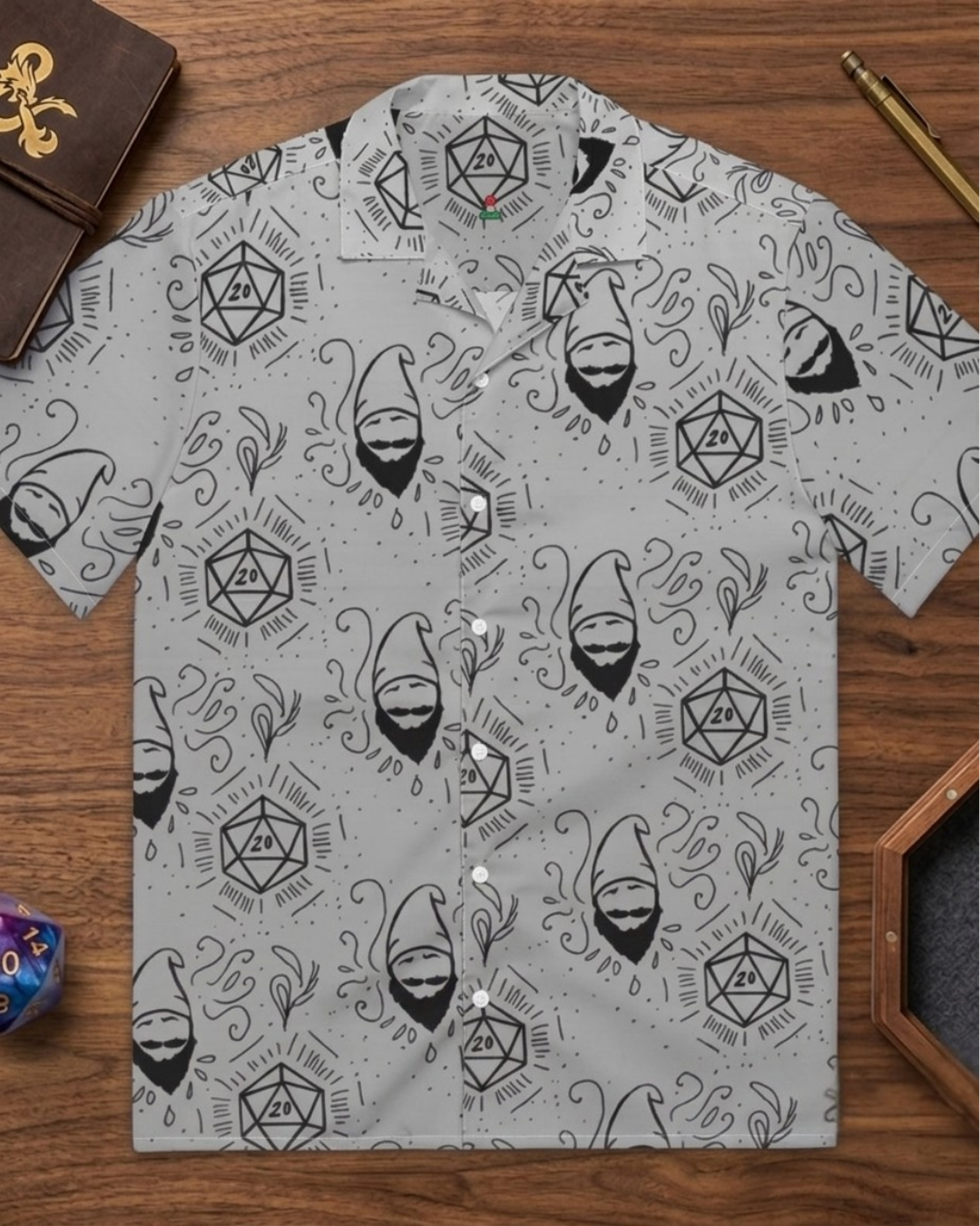 Grey Random Encounter TTRPG Hawaiian button-up shirt with dice print