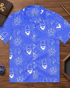 Blue Random Encounter TTRPG Hawaiian button-up shirt with dice print