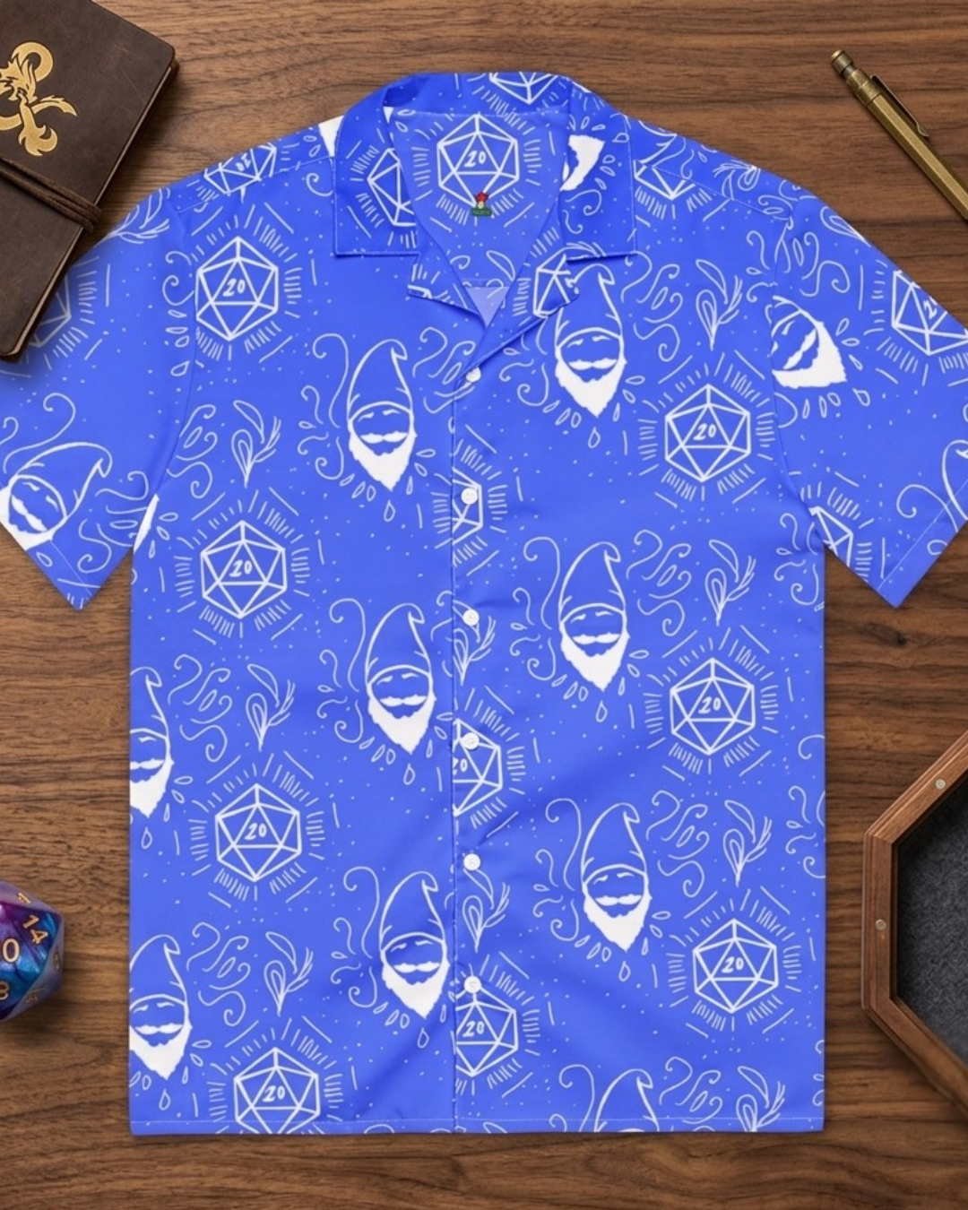 Blue Random Encounter TTRPG Hawaiian button-up shirt with dice print