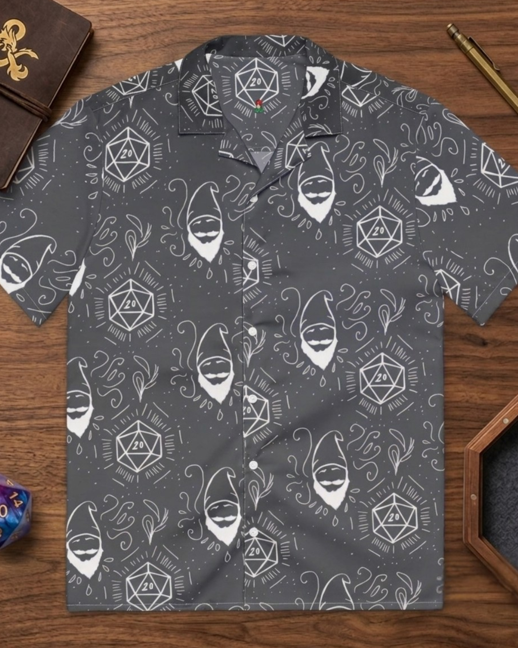Black Random Encounter TTRPG Hawaiian button-up shirt with dice print