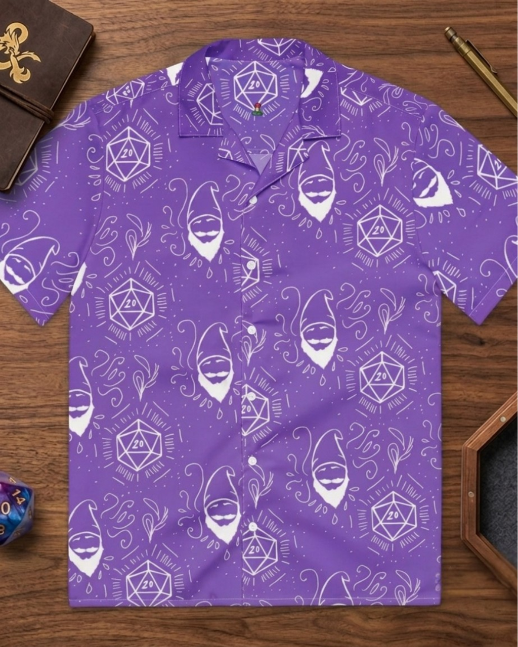Purple Random Encounter TTRPG Hawaiian button-up shirt with dice print