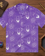 Purple Random Encounter TTRPG Hawaiian button-up shirt with dice print