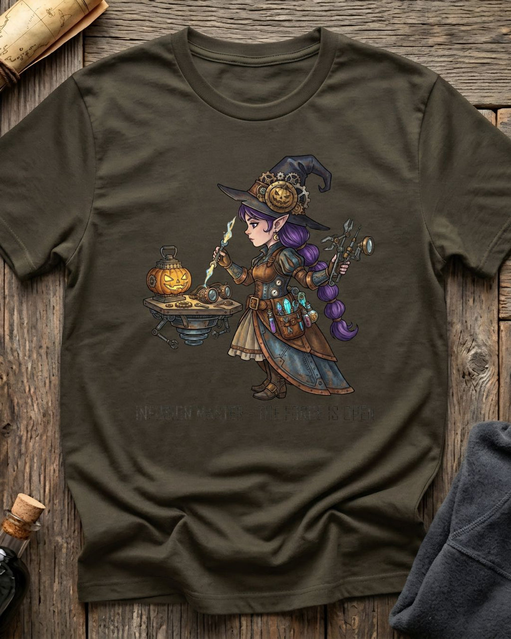 Army Green t-shirt featuring the Infusion Master design with Sprocket the gnome