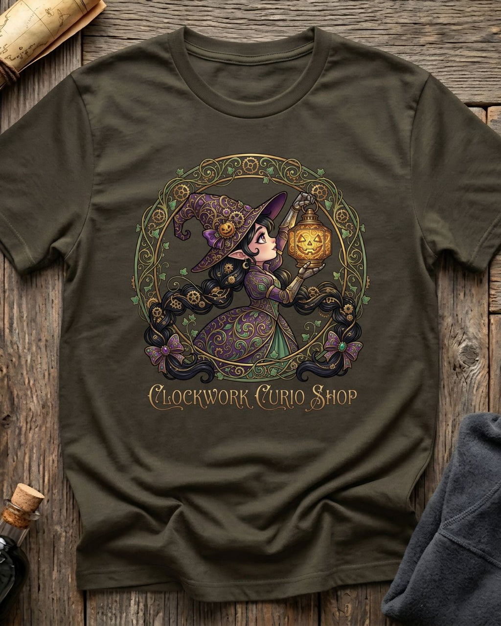 Army Green t-shirt featuring the Clockwork Curio design with Sprocket the gnome