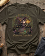 Army Green t-shirt featuring the Clockwork Curio design with Sprocket the gnome