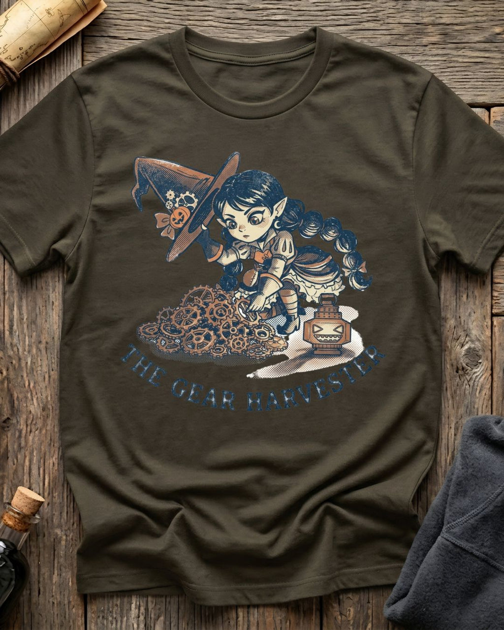Army Green t-shirt featuring the Great Harvester design with Sprocket the gnome