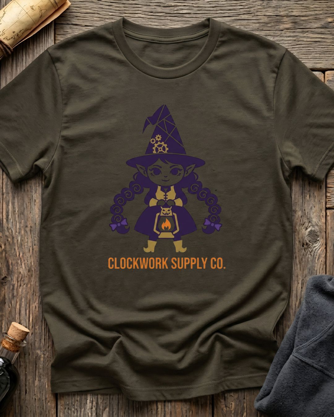 Army Green t-shirt featuring the Clockwork Supply Co. design with Sprocket the gnome