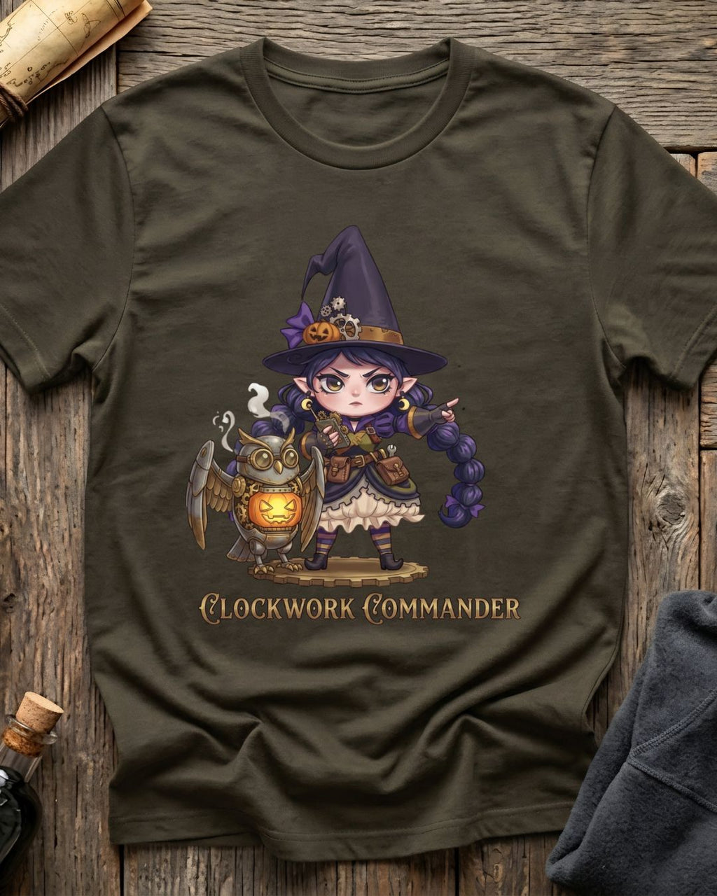 Army Green t-shirt featuring the Clockwork Commander design with Sprocket the gnome