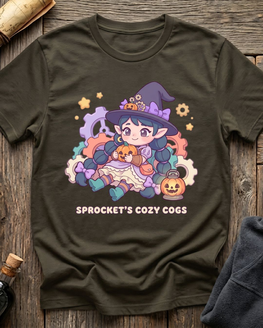 Army Green t-shirt featuring Sprocket's Cozy Cogs gnome tinkerer design