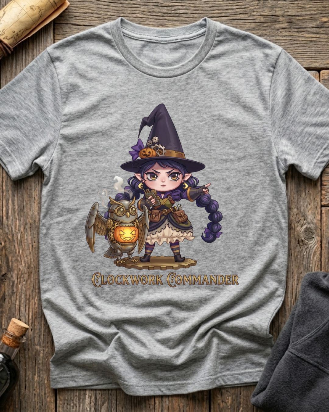 Athletic Heather t-shirt featuring the Clockwork Commander design with Sprocket the gnome