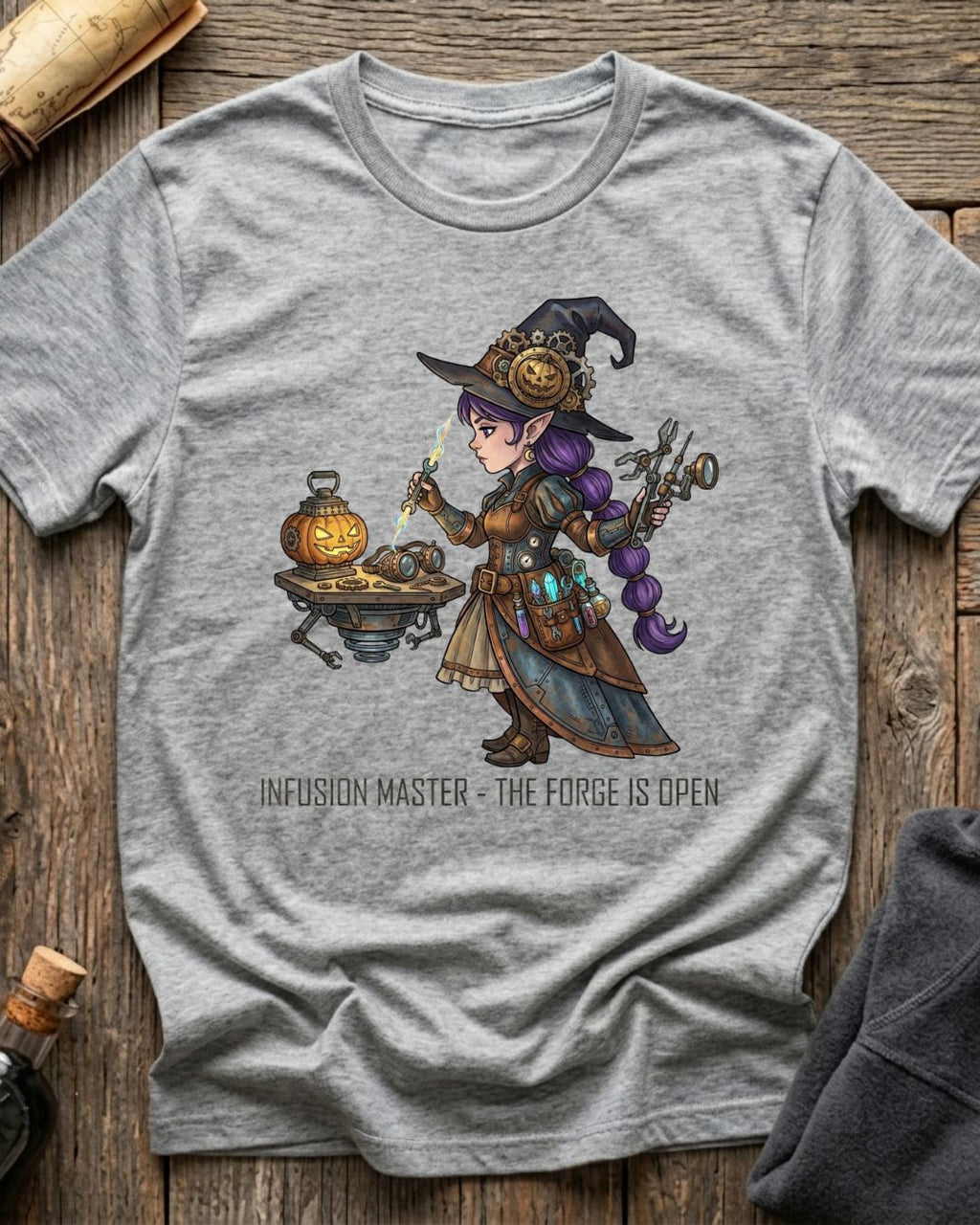 Athletic Heather t-shirt featuring the Infusion Master design with Sprocket the gnome