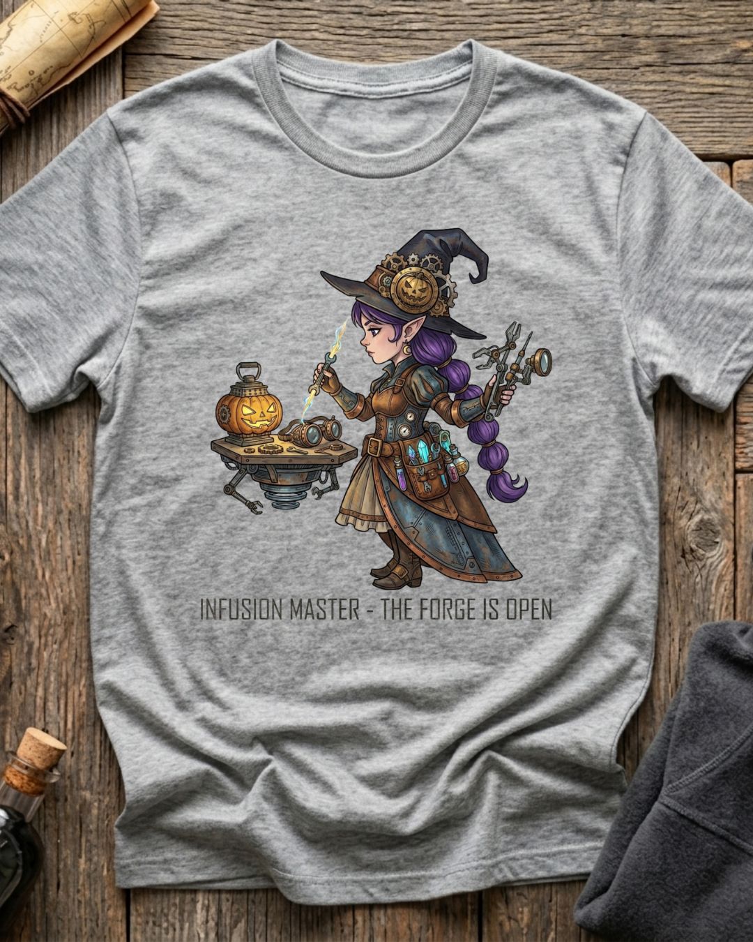 Athletic Heather t-shirt featuring the Infusion Master design with Sprocket the gnome