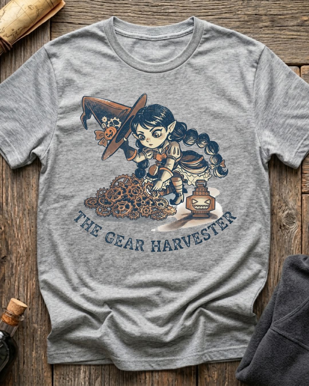 Athletic Heather t-shirt featuring the Great Harvester design with Sprocket the gnome