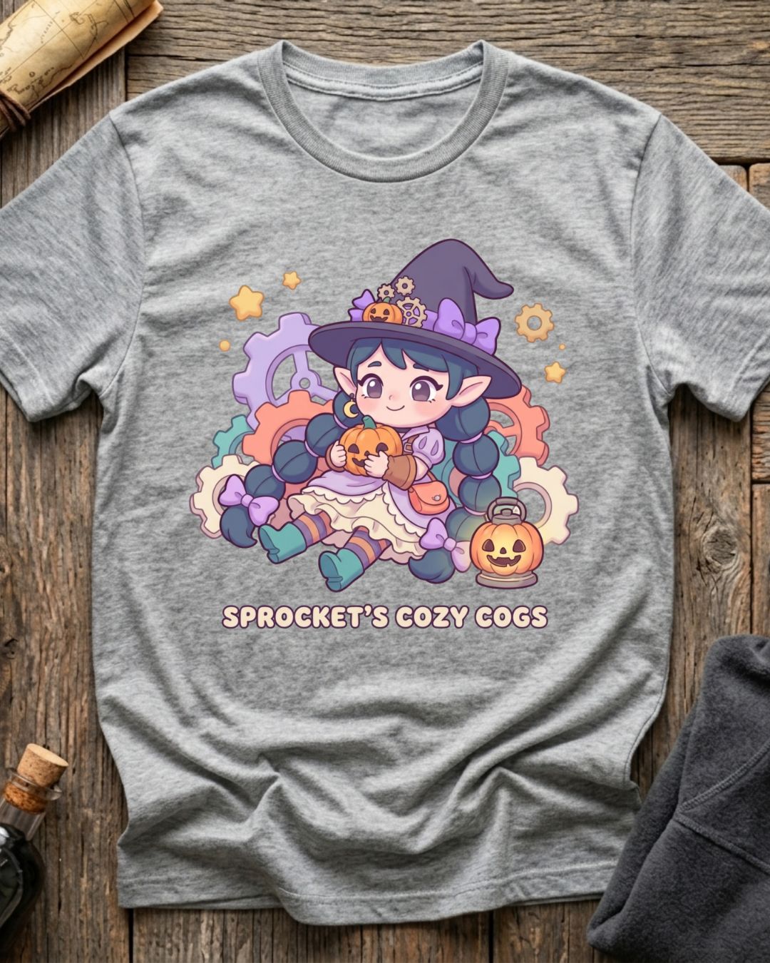 Athletic Heather t-shirt featuring Sprocket's Cozy Cogs gnome tinkerer design