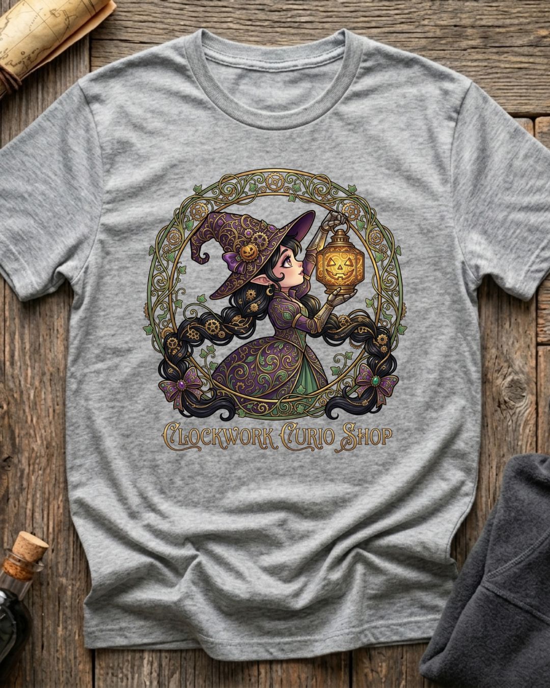 Athletic Heather t-shirt featuring the Clockwork Curio design with Sprocket the gnome
