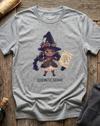 Athletic Heather t-shirt featuring the Schematic Savant blueprint design with Sprocket the gnome