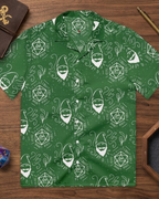 Green Random Encounter TTRPG Hawaiian button-up shirt with dice print
