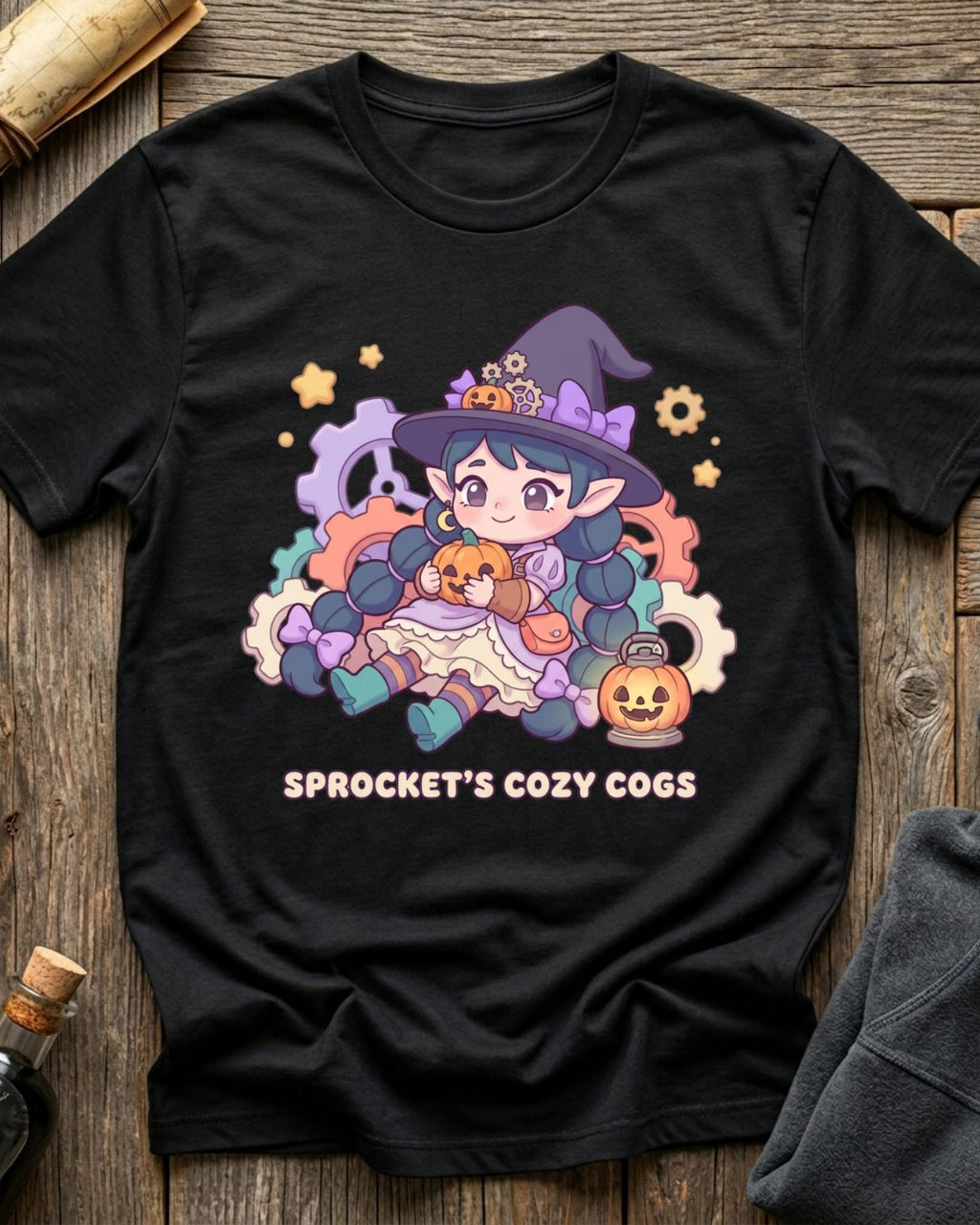 Black t-shirt featuring Sprocket's Cozy Cogs gnome tinkerer design