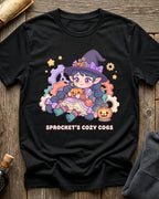Black t-shirt featuring Sprocket's Cozy Cogs gnome tinkerer design
