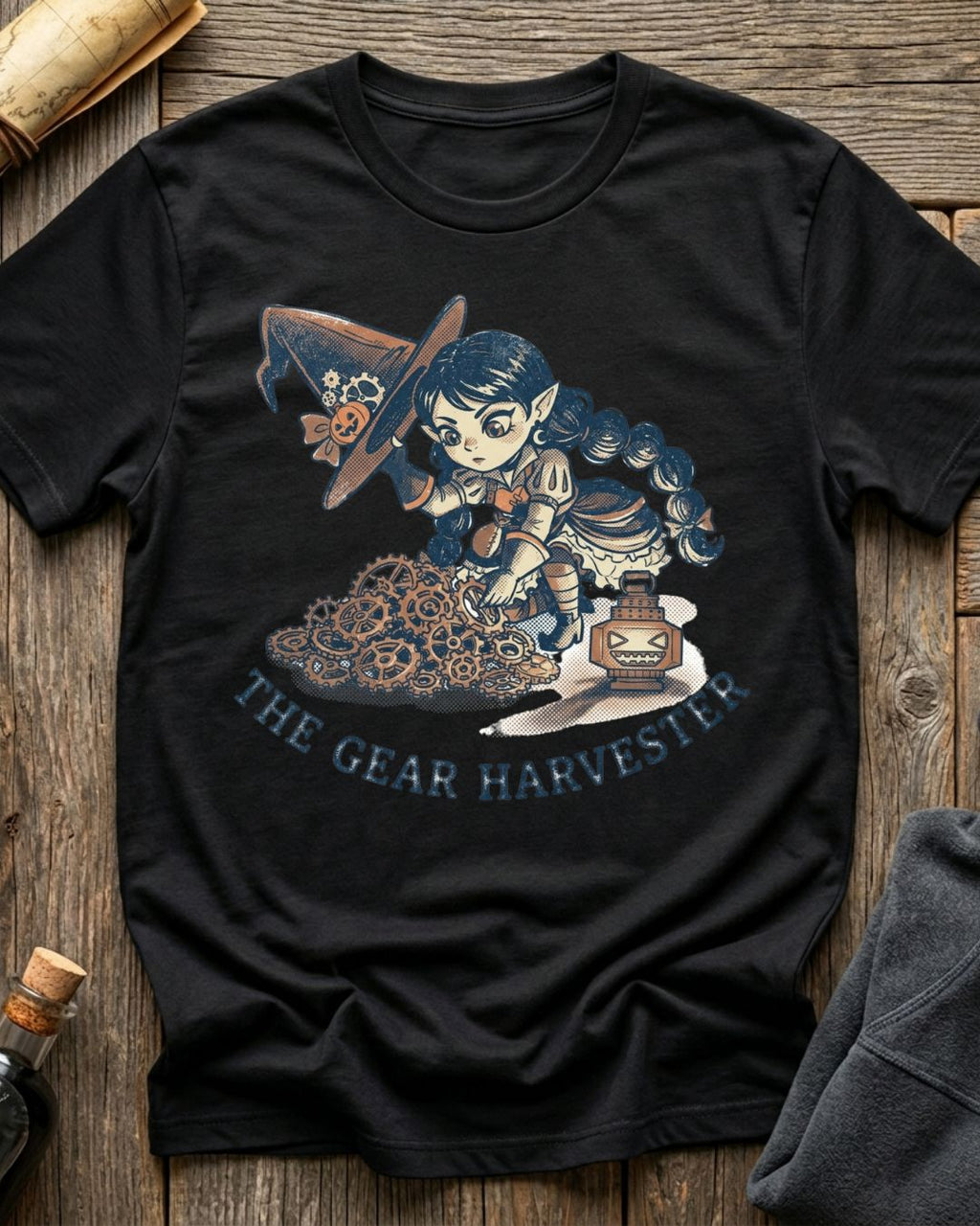 Black t-shirt featuring the Great Harvester design with Sprocket the gnome