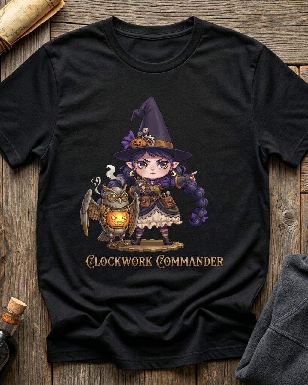Black t-shirt featuring the Clockwork Commander design with Sprocket the gnome