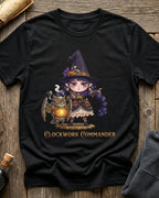 Black t-shirt featuring the Clockwork Commander design with Sprocket the gnome