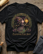 Black t-shirt featuring the Clockwork Curio design with Sprocket the gnome