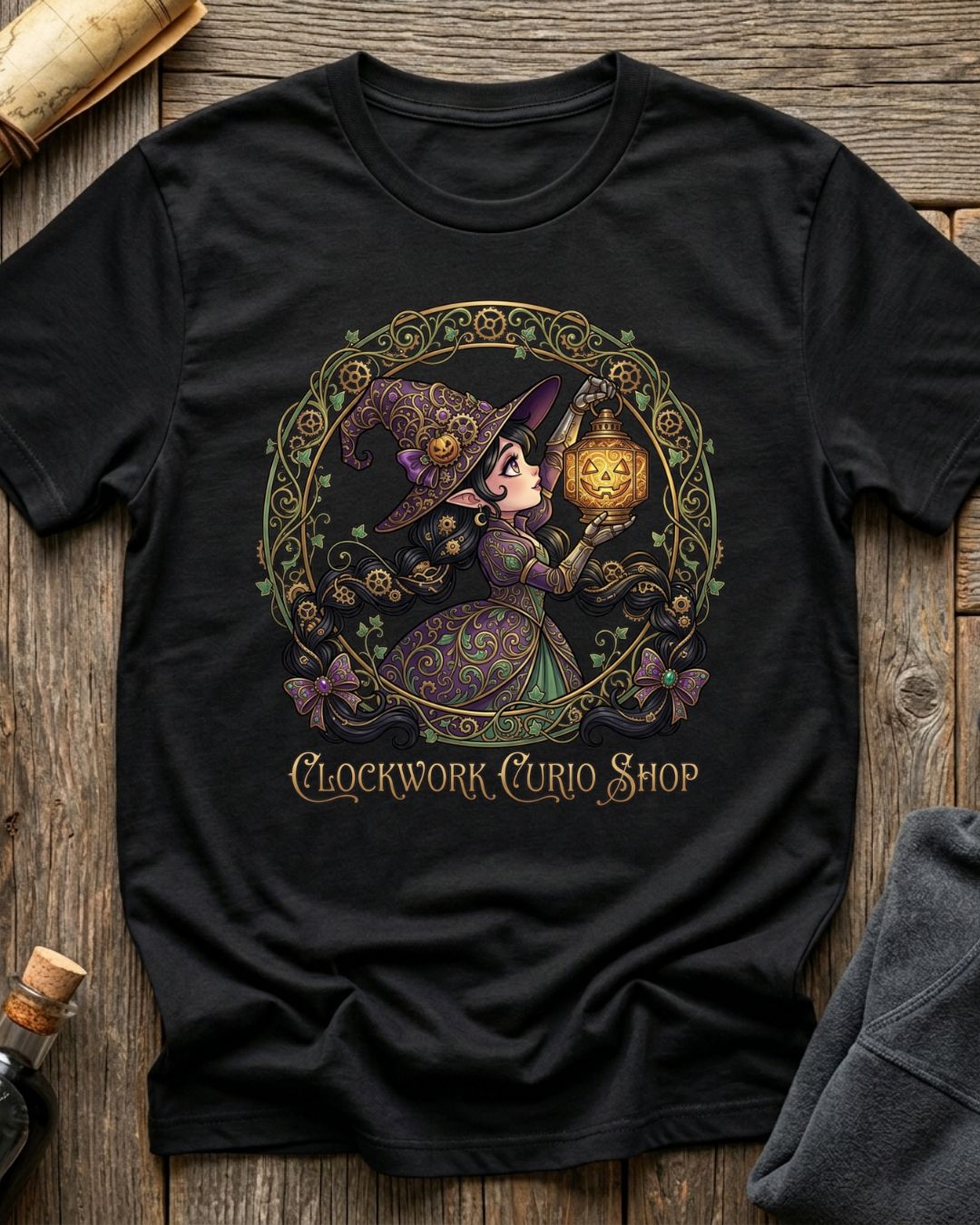 Black t-shirt featuring the Clockwork Curio design with Sprocket the gnome