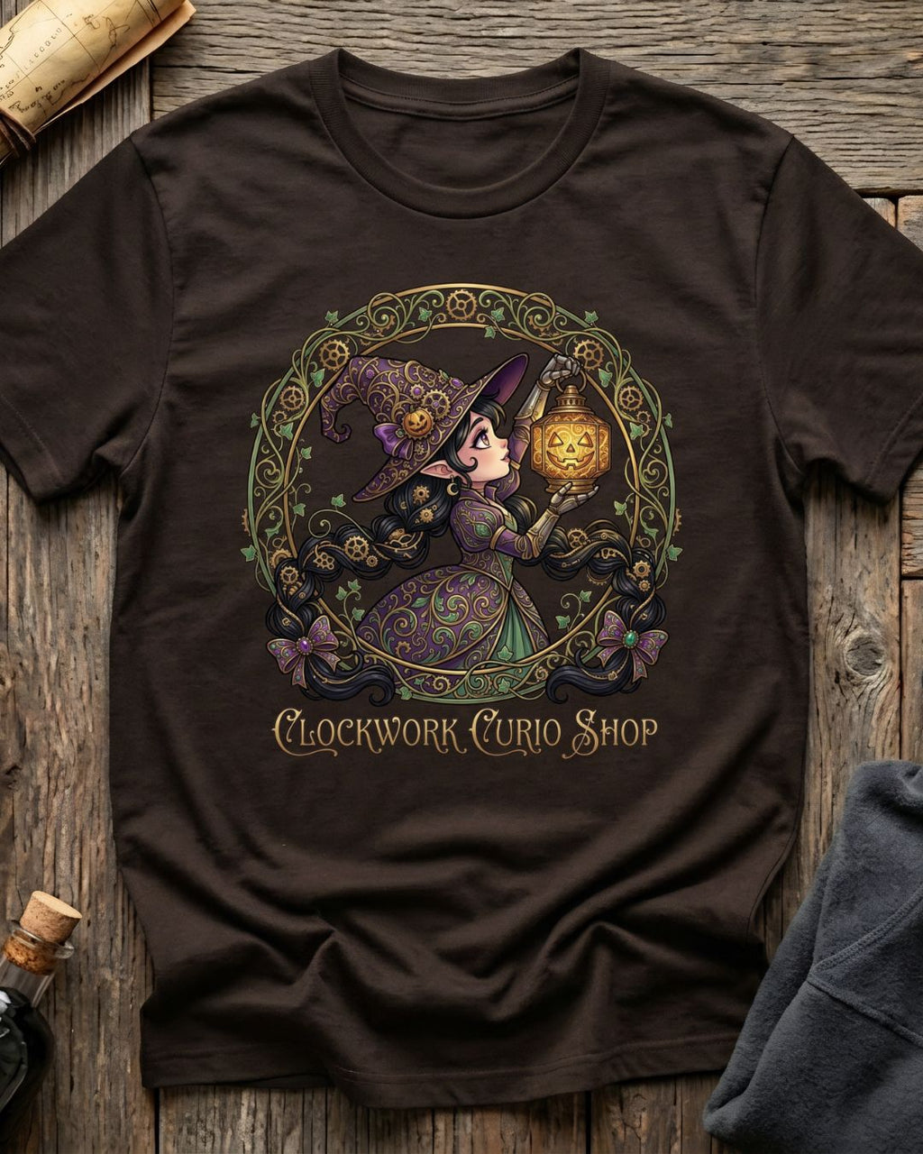 Brown t-shirt featuring the Clockwork Curio design with Sprocket the gnome