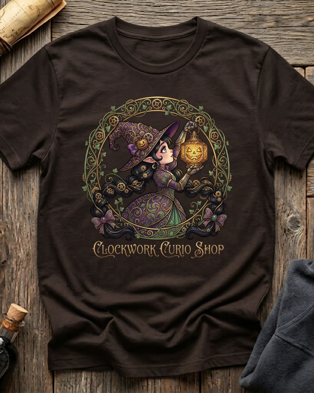Brown t-shirt featuring the Clockwork Curio design with Sprocket the gnome