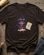 Brown t-shirt featuring the Schematic Savant blueprint design with Sprocket the gnome