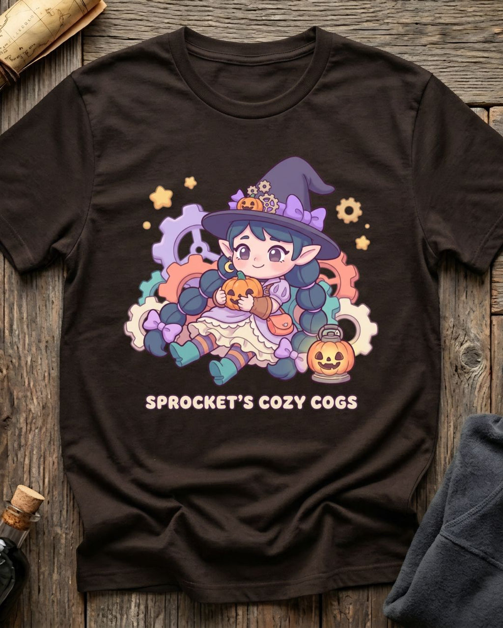 Brown t-shirt featuring Sprocket's Cozy Cogs gnome tinkerer design