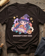 Brown t-shirt featuring Sprocket's Cozy Cogs gnome tinkerer design