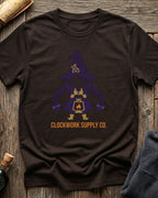 Brown t-shirt featuring the Clockwork Supply Co. design with Sprocket the gnome