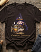 Brown t-shirt featuring the Clockwork Commander design with Sprocket the gnome