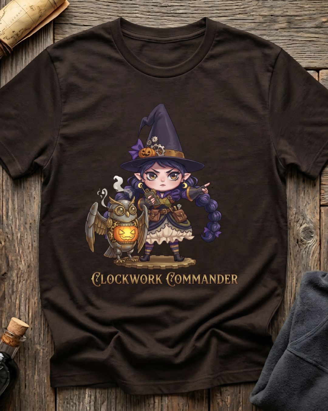 Brown t-shirt featuring the Clockwork Commander design with Sprocket the gnome