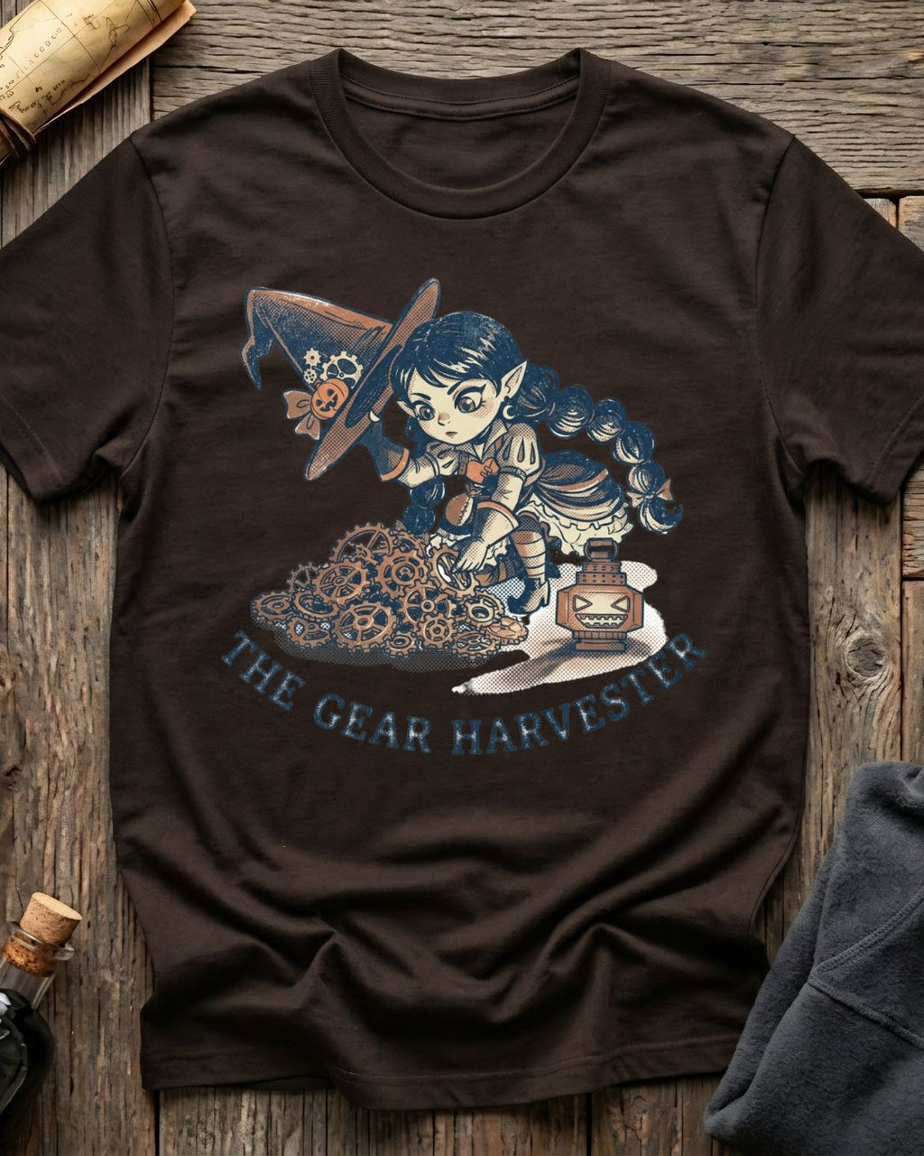 Brown t-shirt featuring the Great Harvester design with Sprocket the gnome
