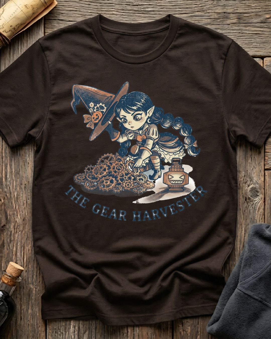 Brown t-shirt featuring the Great Harvester design with Sprocket the gnome