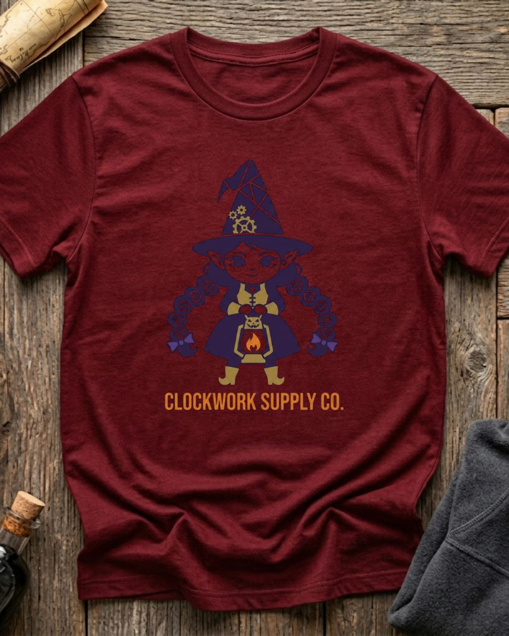 Cardinal t-shirt featuring the Clockwork Supply Co. design with Sprocket the gnome