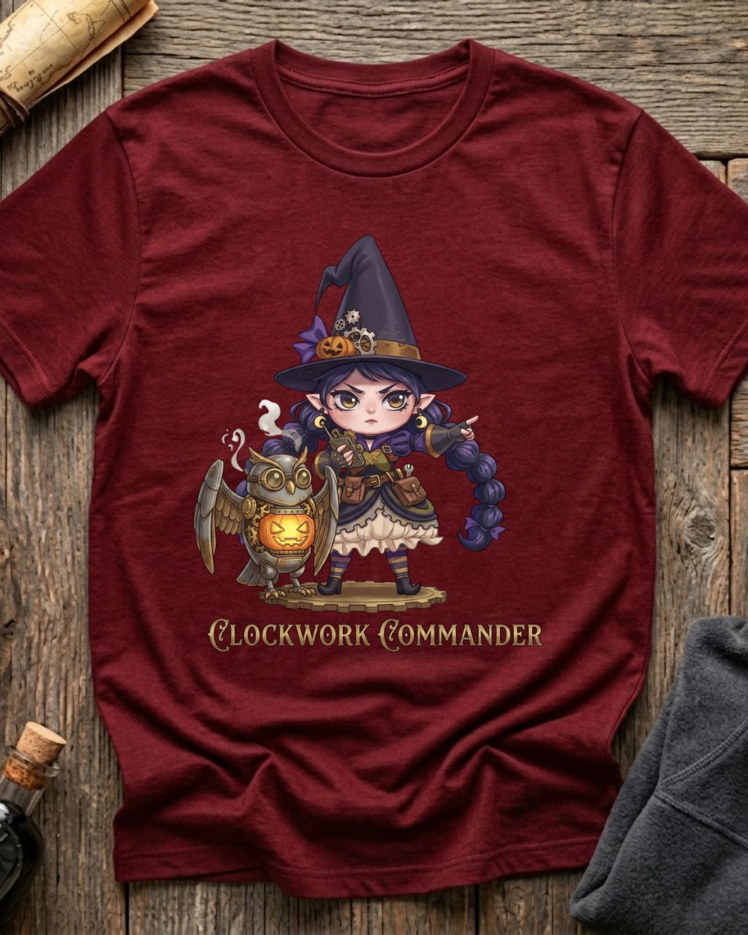 Cardinal t-shirt featuring the Clockwork Commander design with Sprocket the gnome