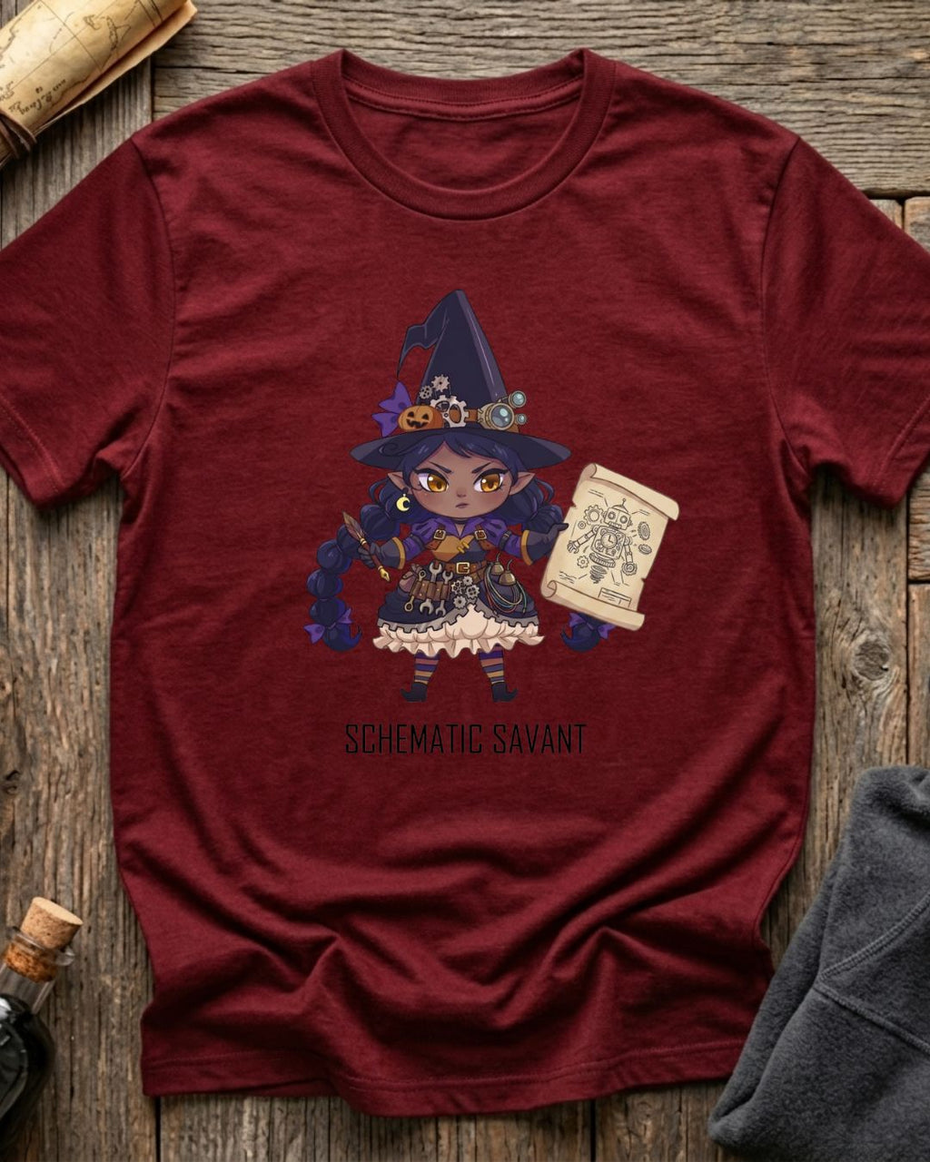 Cardinal t-shirt featuring the Schematic Savant blueprint design with Sprocket the gnome