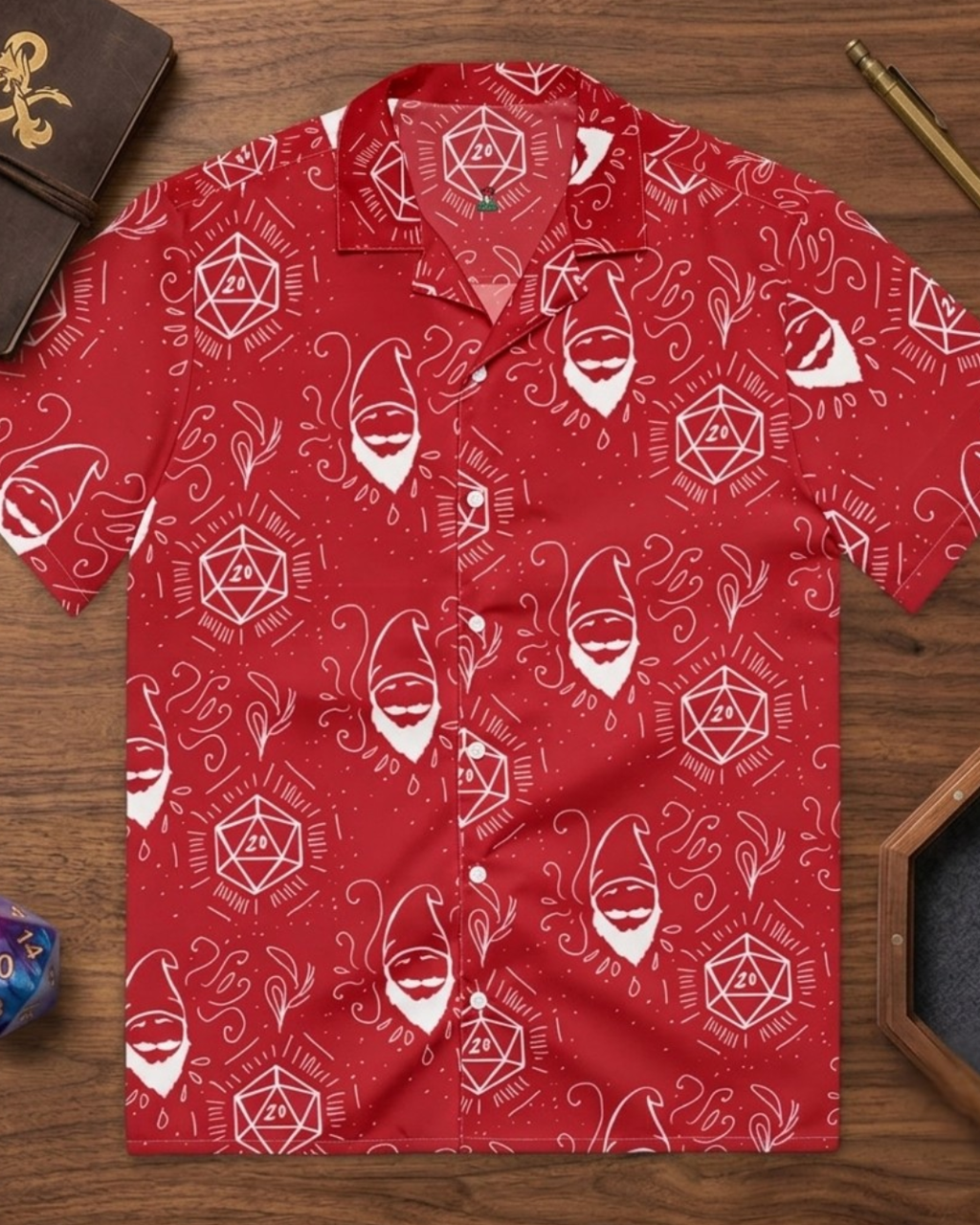 Red Random Encounter TTRPG Hawaiian button-up shirt with dice print