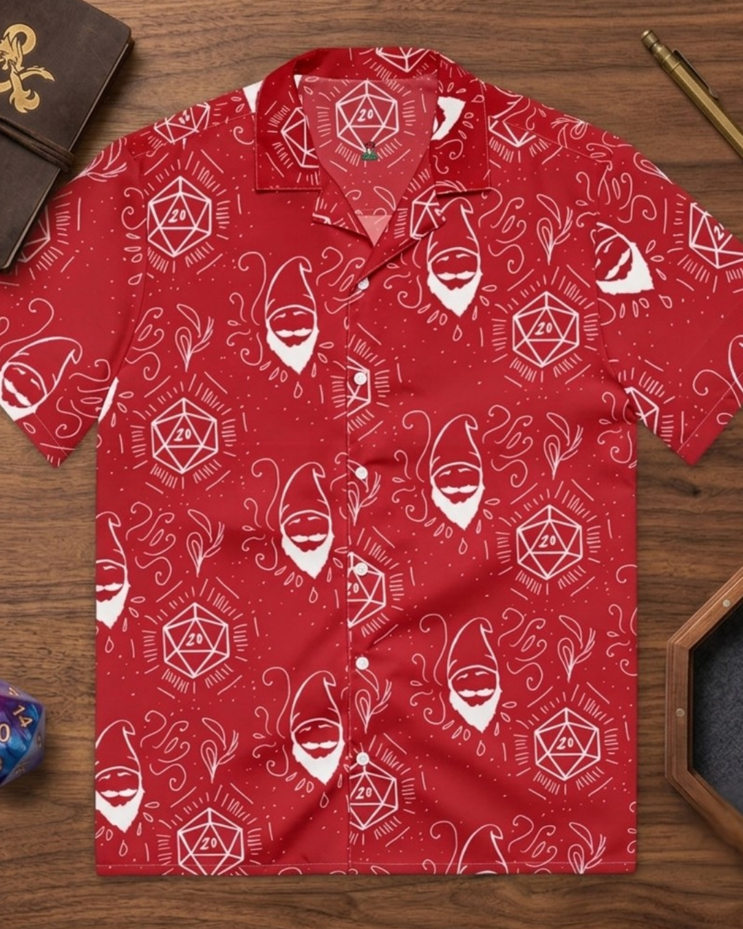 Red Random Encounter TTRPG Hawaiian button-up shirt with dice print