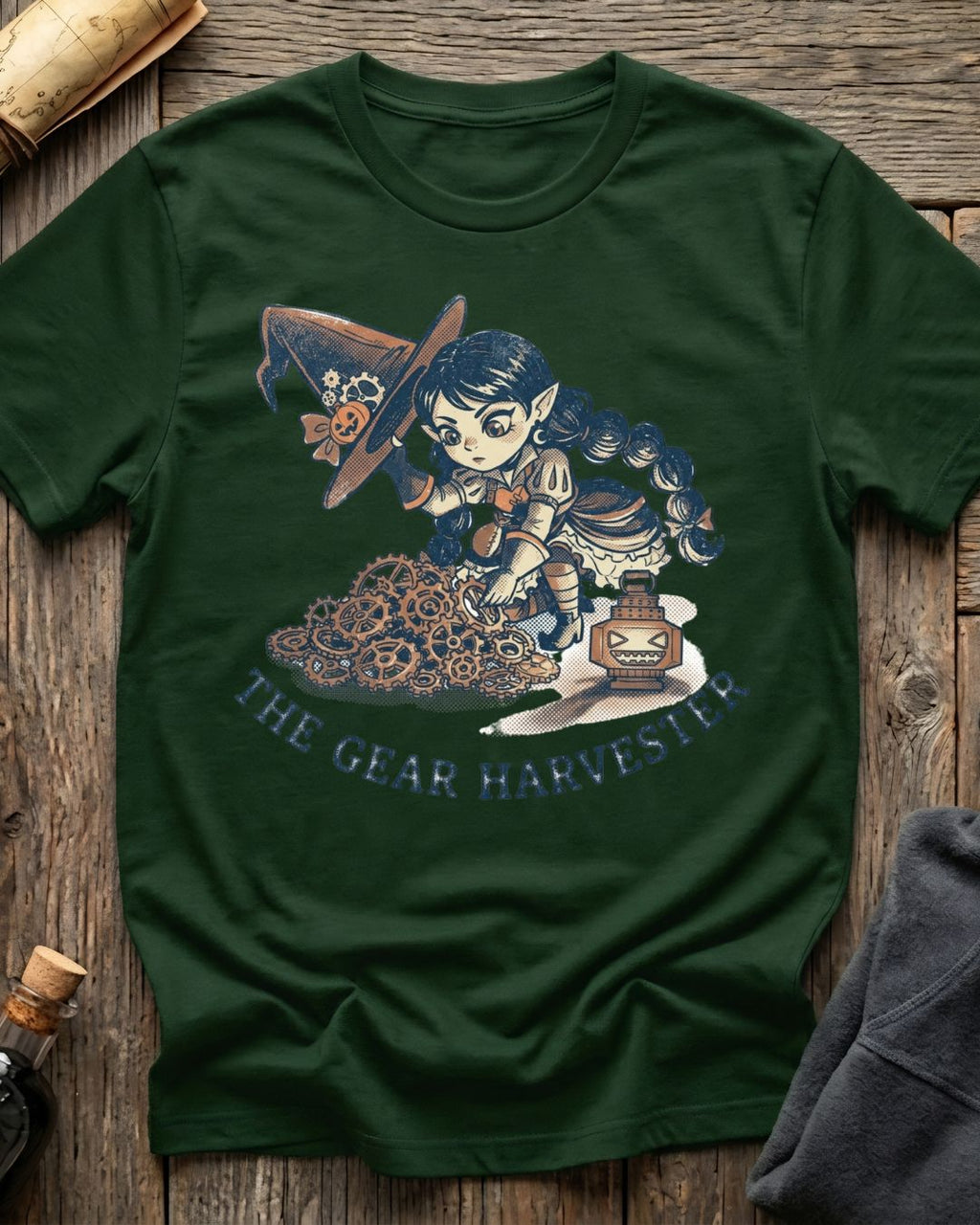 Forest Green t-shirt featuring the Great Harvester design with Sprocket the gnome