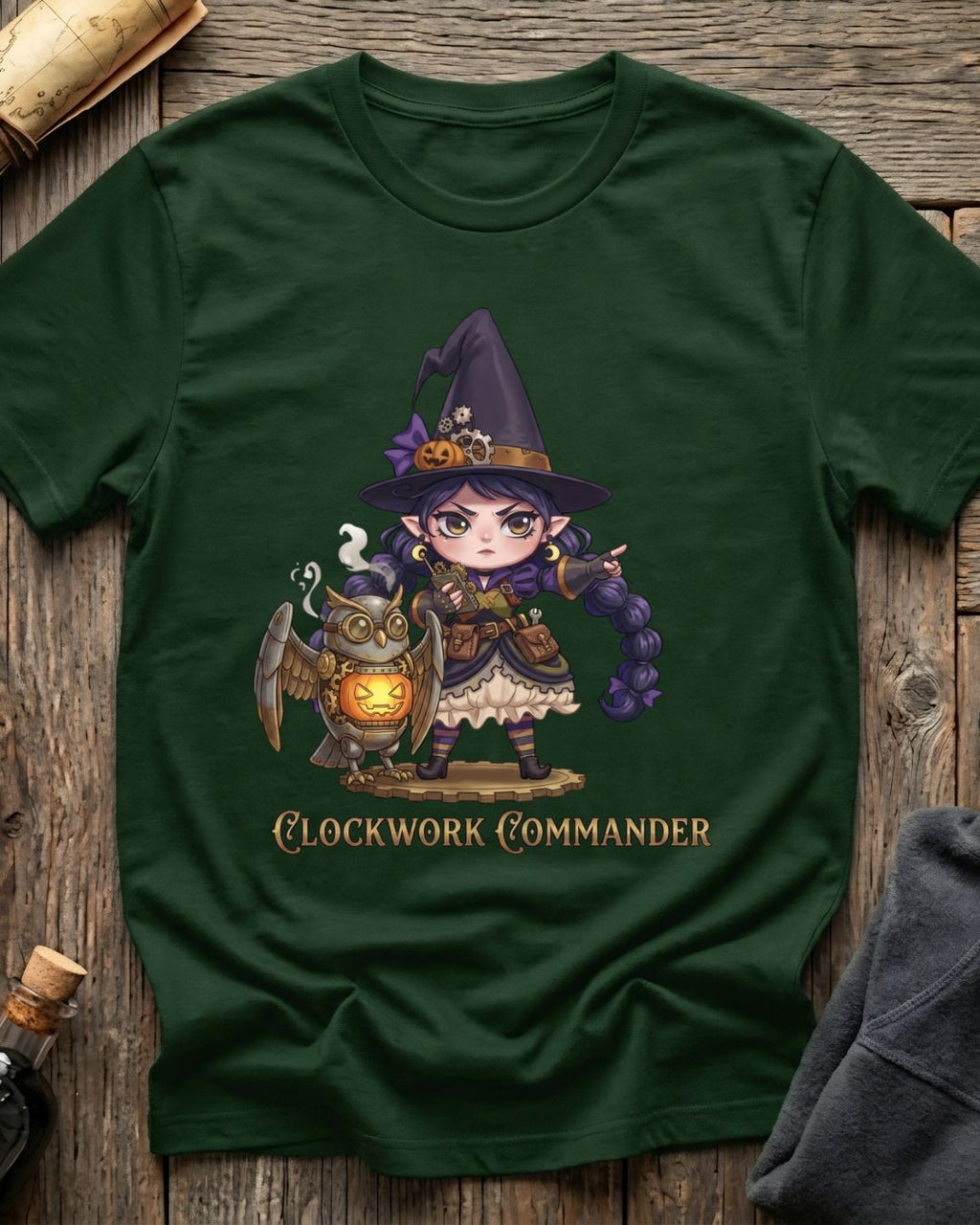 Forest Green t-shirt featuring the Clockwork Commander design with Sprocket the gnome