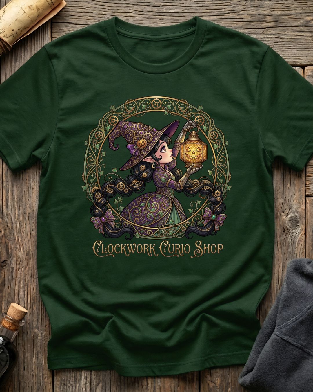 Forest Green t-shirt featuring the Clockwork Curio design with Sprocket the gnome