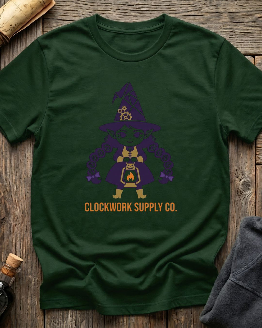 Forest Green t-shirt featuring the Clockwork Supply Co. design with Sprocket the gnome