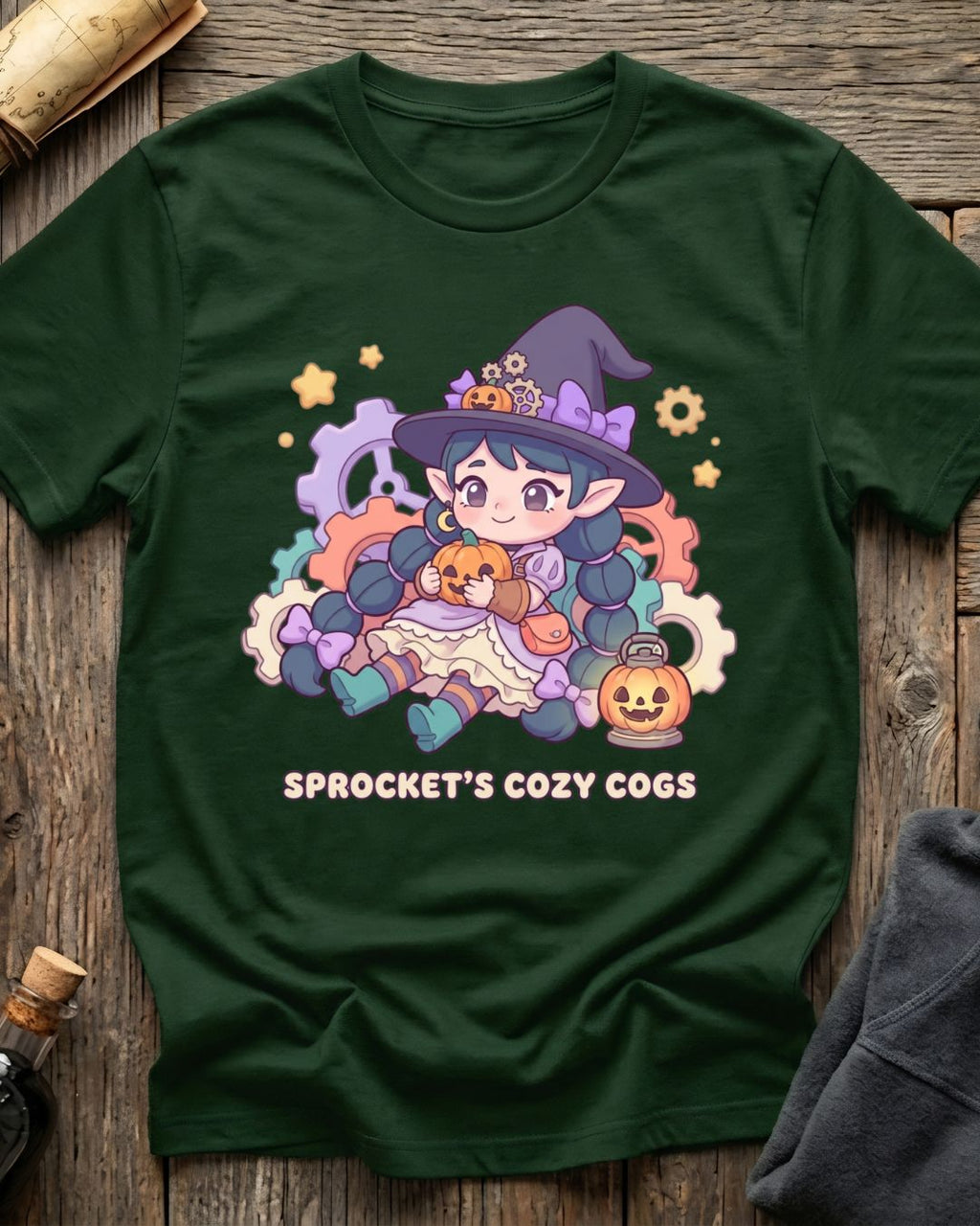 Forest Green t-shirt featuring Sprocket's Cozy Cogs gnome tinkerer design