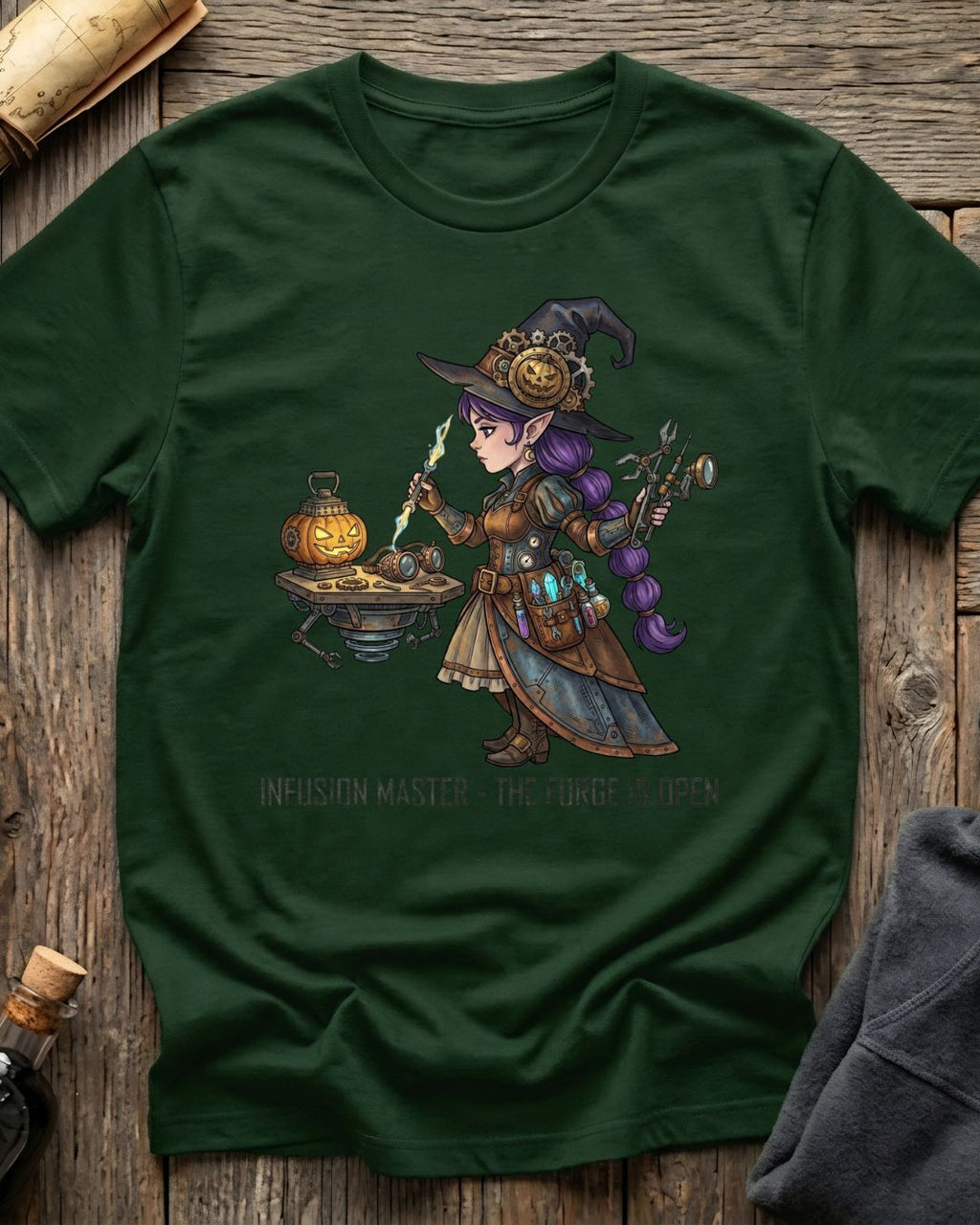 Forest Green t-shirt featuring the Infusion Master design with Sprocket the gnome
