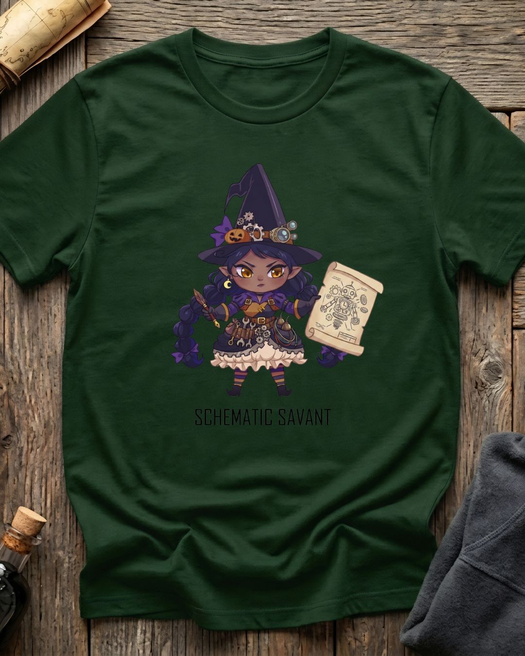 Forest Green t-shirt featuring the Schematic Savant blueprint design with Sprocket the gnome